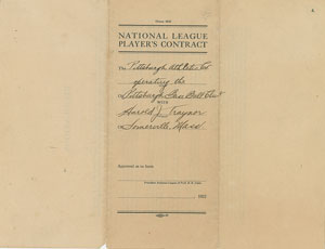 Lot #9004 Pie Traynor 1922 Pittsburgh Pirates Signed Player Contract with Barney Dreyfuss - Traynor's First Full Season! - Image 3