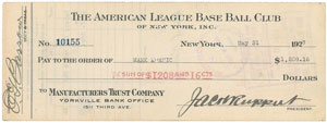 Lot #8311 Mark Koenig 1927 Signed Payroll Check - Image 1