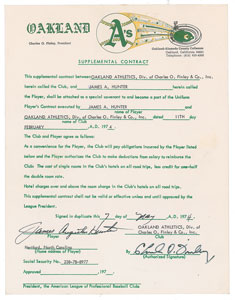 Lot #9102 Catfish Hunter 1974 Oakland Athletics Signed Player Supplemental Contract (Cy Young Award) - Image 1