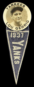 Lot #8422  Scarce 1937 Lou Gehrig Stadium Pin with Felt Pennant Still Intact! - Image 1