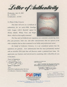 Lot #8266 Mickey Mantle, Roger Maris, and Whitey Ford Multi-Signed Baseball - Image 7