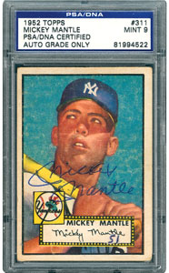 Lot #8181  1952 Topps #311 Mickey Mantle Autographed Rookie Card - PSA/DNA MINT 9 - Image 1