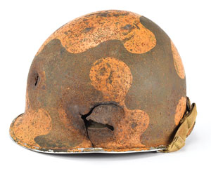 Lot #269  WWII US M1 Fixed Bail Helmet with Bullet Strike - Image 1