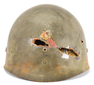 Lot #269  WWII US M1 Fixed Bail Helmet with Bullet Strike - Image 7