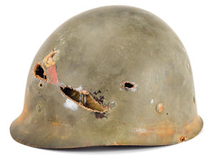 Lot #269  WWII US M1 Fixed Bail Helmet with Bullet Strike - Image 8