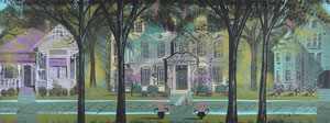 Lot #908 Eyvind Earle concept storyboard painting of Lady and Tramp from Lady and the Tramp