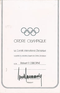 Lot #3100  IOC 1983 Olympic Order Certificate