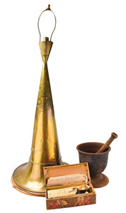 Lot #7023  Chapman Drugstore/Speed, Kansas Collection of Antiques: Large Brass Megaphone, Medicine Bottle, and Iron Pestle - Image 1