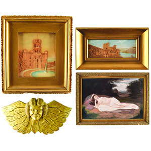 Lot #7063  Old Tucson Studios Rare Surviving Artifacts/Props: Painting, Wooden Angel, Framed Cork Artwork - Image 1