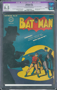 Lot #347  Batman Comic Book #16 (1943) - CGC Restored 6.5 - Image 1