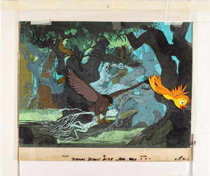 Lot #7577 Wart (King Arthur) and Hawk production cels and preliminary conceptual background from The Sword in the Stone - Image 1