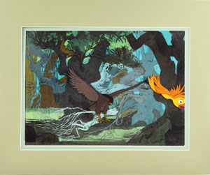 Lot #7577 Wart (King Arthur) and Hawk production cels and preliminary conceptual background from The Sword in the Stone - Image 2