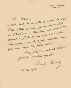 Lot #6129 Charles Richet Autograph Letter Signed - Image 1