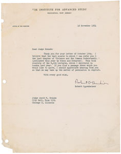 Lot #6021 Robert Oppenheimer Typed Letter Signed