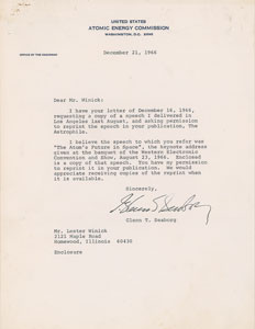 Lot #6136 Glenn Seaborg Signed Typescript and Typed Letter Signed - Image 1