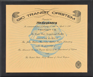 Lot #6288  Transit 1B Satellite Hardware, Certificate, and Artwork - Image 3