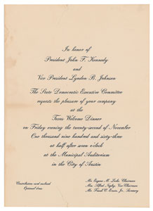 Lot #83 John F. Kennedy Texas Welcome Dinner Invitation and Ticket - Image 1