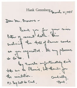 Lot #736 Hank Greenberg Autograph Letter Signed and Signed HOF Card - Image 2