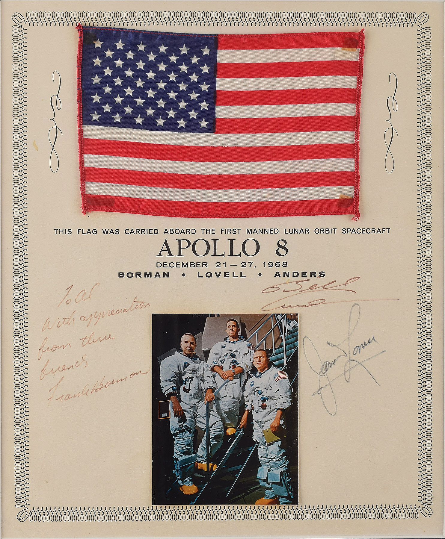Lot #8157  Apollo 8 Flown Flag with Crew-signed Certificate