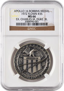 Lot #8341 Charlie Duke's Apollo 16 Flown Robbins Medal - Image 1
