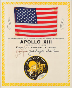 Lot #8303  Apollo 13 Flown Flag with Certificate Signed by Lovell and Haise - Image 1