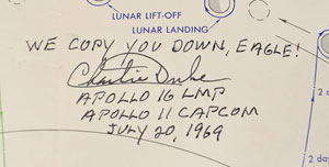 Lot #8278 Michael Collins and Charlie Duke Signed Apollo Trajectory Chart - Image 2