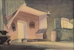 Lot #948 Dwarfs' cottage preliminary background from Snow White and the Seven Dwarfs - Image 1