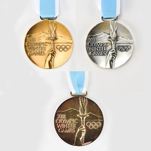 Lot #8092  Lake Placid 1980 Winter Olympics Set of Gold, Silver, and Bronze Winner’s Medals - Image 1