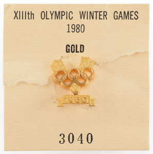 Lot #8093 Dave Christian's Lake Placid 1980 Winter Olympics Gold Winner's Pin for Ice Hockey - Image 1