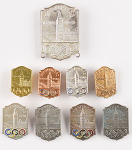 Lot #8051  London 1948 Summer Olympics Group of (9) Pins and Badges - Image 1