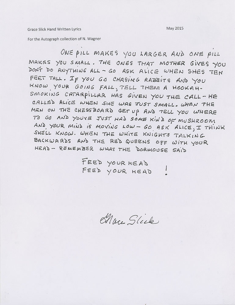 Lot #9027 Grace Slick Handwritten Lyrics