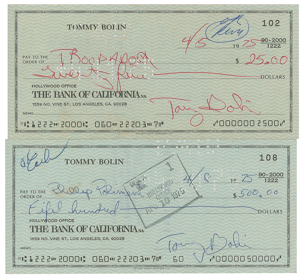Lot #9227 Tommy Bolin Pair of Signed Checks