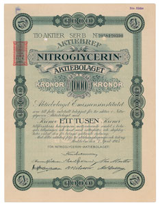 Lot #1089  Nobel: Nitroglycerin Aktiebolaget Stock Certificate - Image 1