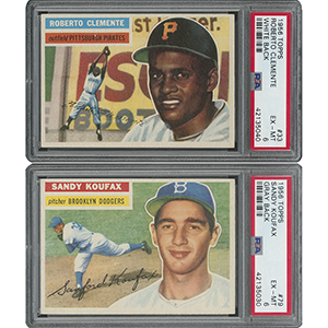 Lot #8070  1956 Topps HOFer Pair with Koufax and Clemente - both PSA EX-MT 6
