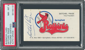 Lot #8291  Satchel Paige Signed Baseball Related Business Card - PSA/DNA NM-MT 8 - Image 1