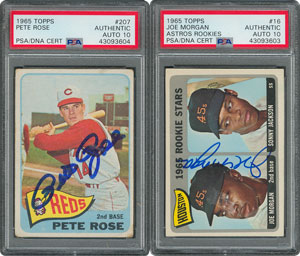 Lot #1060  1965 Topps Baseball Autographed Pair with Pete Rose and Joe Morgan Rookie Card - both PSA/DNA GEM MINT 10