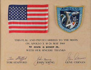 Lot #2260  Apollo 10 Flown Flag and Patch with Crew-signed Certificate - Image 1