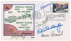 Lot #2539  Apollo-Soyuz Signed Recovery Cover - Image 1