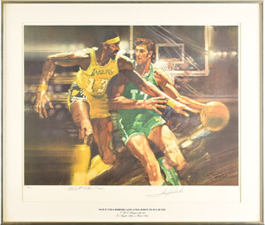 Lot #724  Boston: Sib Hashian's Basketball Print Signed by John Havlicek and Wilt Chamberlain - Image 1