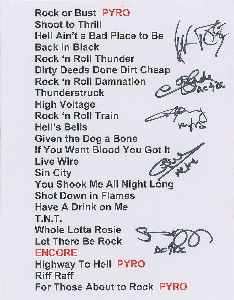 Lot #5436  AC/DC and Axl Rose Signed Setlist