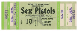 Lot #5354 The Sex Pistols 1978 Dallas Concert Ticket