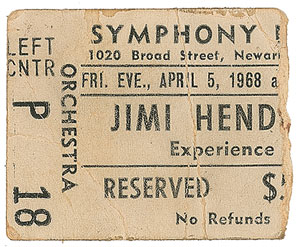 Lot #5116 Jimi Hendrix Experience 1968 Newark Ticket Stub