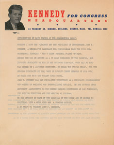 Lot #11 John F. Kennedy 1946 Congressional Campaign Lot of (3) Dave Powers Documents - Image 1