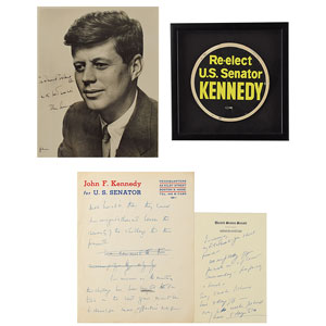 Lot #17 Sen. John F. Kennedy Inscribed Photo and (2) Handwritten Manuscripts as U.S. Senator, (1) Re-elect U.S. Senator Kennedy Oversized Decal (framed) - Image 1