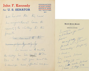 Lot #17 Sen. John F. Kennedy Inscribed Photo and (2) Handwritten Manuscripts as U.S. Senator, (1) Re-elect U.S. Senator Kennedy Oversized Decal (framed) - Image 3