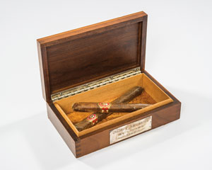 Lot #35 John F. Kennedy's Personal 1962 Cigar Box with Inlaid Presidential Seal and 2 Cigars, Official Presidential Placecard, and Matchbook Display - Image 1