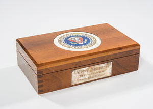 Lot #35 John F. Kennedy's Personal 1962 Cigar Box with Inlaid Presidential Seal and 2 Cigars, Official Presidential Placecard, and Matchbook Display - Image 2