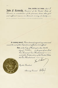Lot #56 President John F. Kennedy and Attorney General Robert Kennedy Signed Pardon with Jacques Lowe Photograph - Image 1