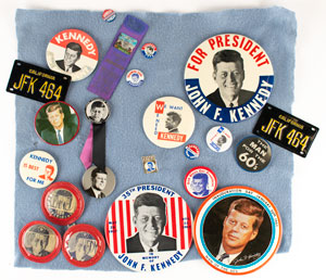 Lot #33 John F. Kennedy Memorabilia Collection: Pins, Cards, Masks, and Tapestry - Image 3