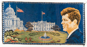 Lot #33 John F. Kennedy Memorabilia Collection: Pins, Cards, Masks, and Tapestry - Image 7